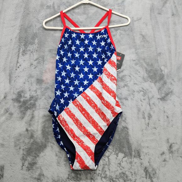 NEW TYR Swimsuit Womens 38 Red White Blue Star Spangled Diamondfit One Piece - Picture 1 of 12